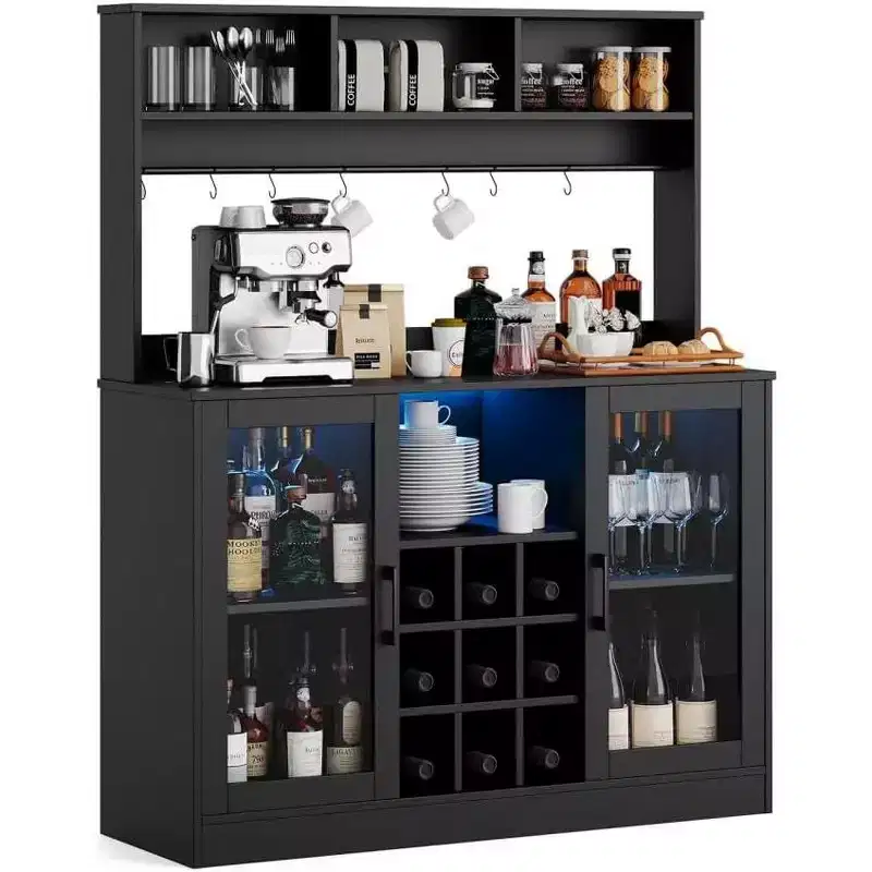 Coffee Bar Cabinet with Power Outlet, Adjustable Shelves, Hooks, Sideboard Storage for Kitchen Dining, Black