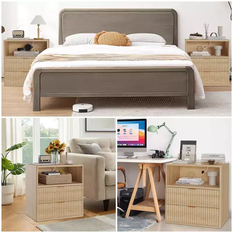 Oak-1 23 Fluted Nightstand C Mid-Century Modern Bedside Table with Charging Station & 2 Drawers