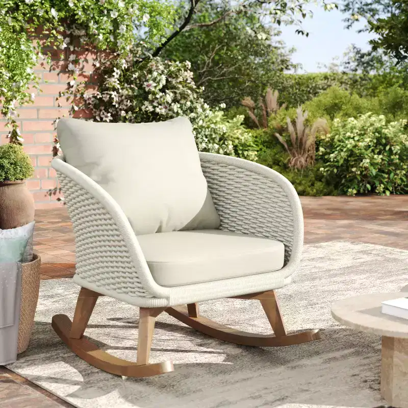 29.5-inch Contemporary Wicker Rocking Chair with Polyester Cushions, Wooden Frame, Generous Seat, Smooth Rocking Motion for Indoor or Outdoor