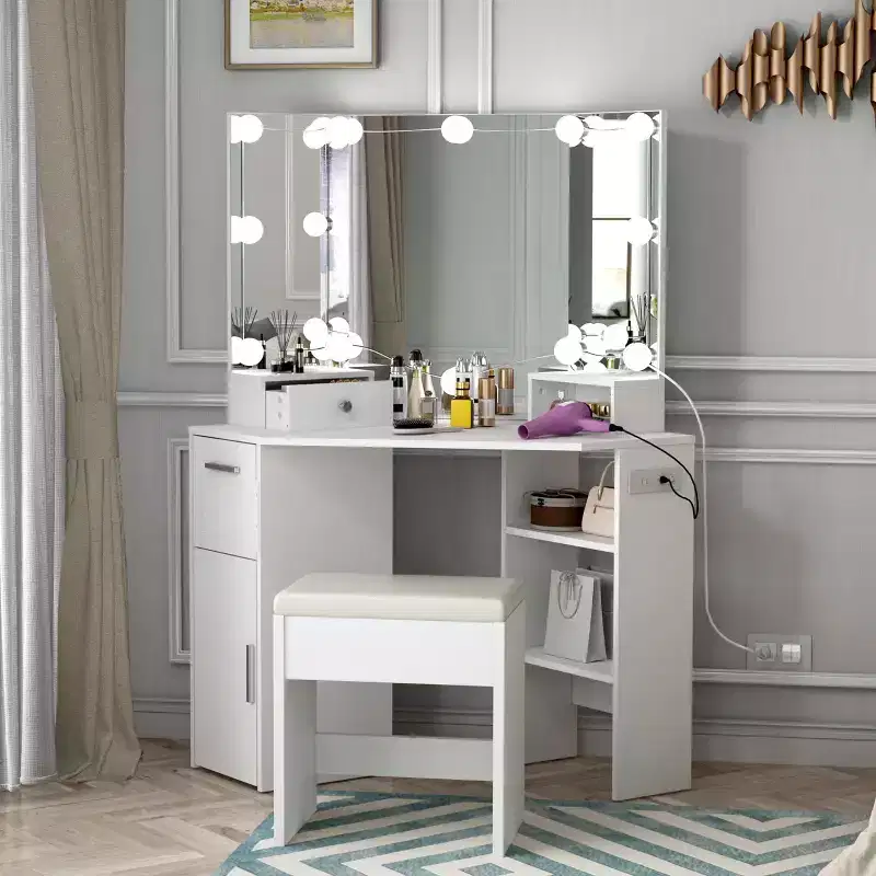 Corner Makeup Vanity Set with Stool & Lighted Mirror, Built-in Charging Station, 2 Drawers, White
