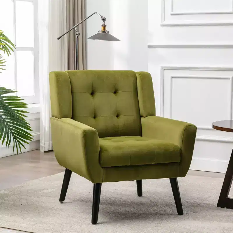 Modern Accent Chair Button-Tufted Living Room Chair with Soft Upholstered Armchair with Black Wood Legs Ergonomics for Bedroom