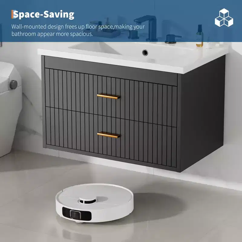 Floating Bathroom Vanity with Sink - Modern Wall Mounted Vanity with Ceramic Sink, 2 Large Drawers, Waterproof & Easy Clean