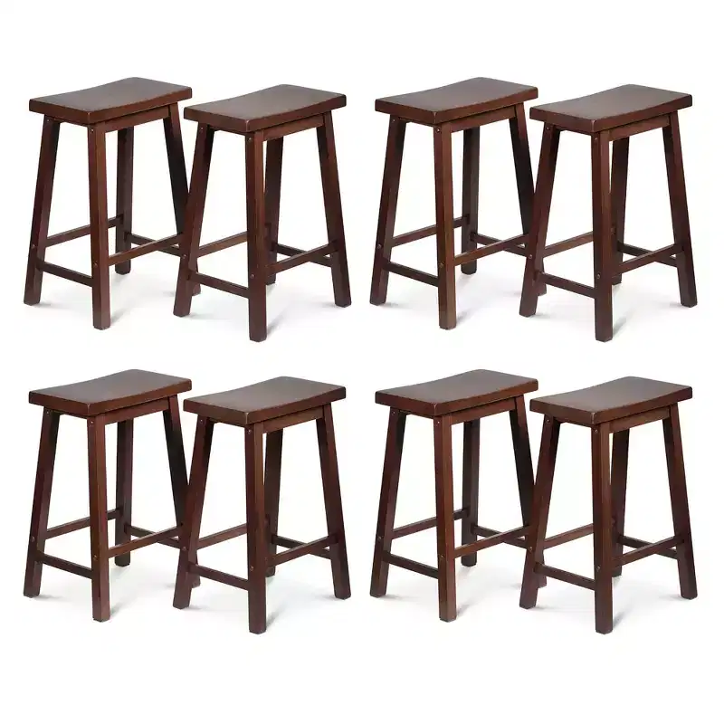 PJ Wood Classic Saddle-Seat 24 Tall Kitchen Counter Stools for Homes, Dining Spaces, and Bars w/ Backless Seats, 4 Square Legs, Walnut (Set of 8)