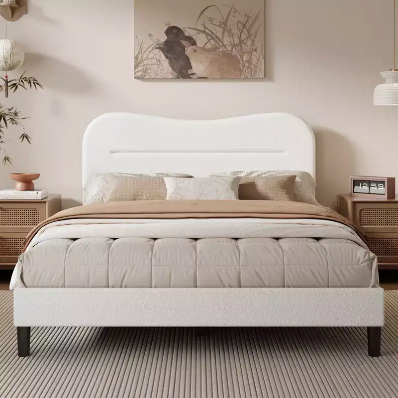 White Queen Size Upholstered Platform Bed Frame Teddy Boucle Soft Cloud Headboard Modern Marshmallow Design No Box Spring Needed Noise Free Support