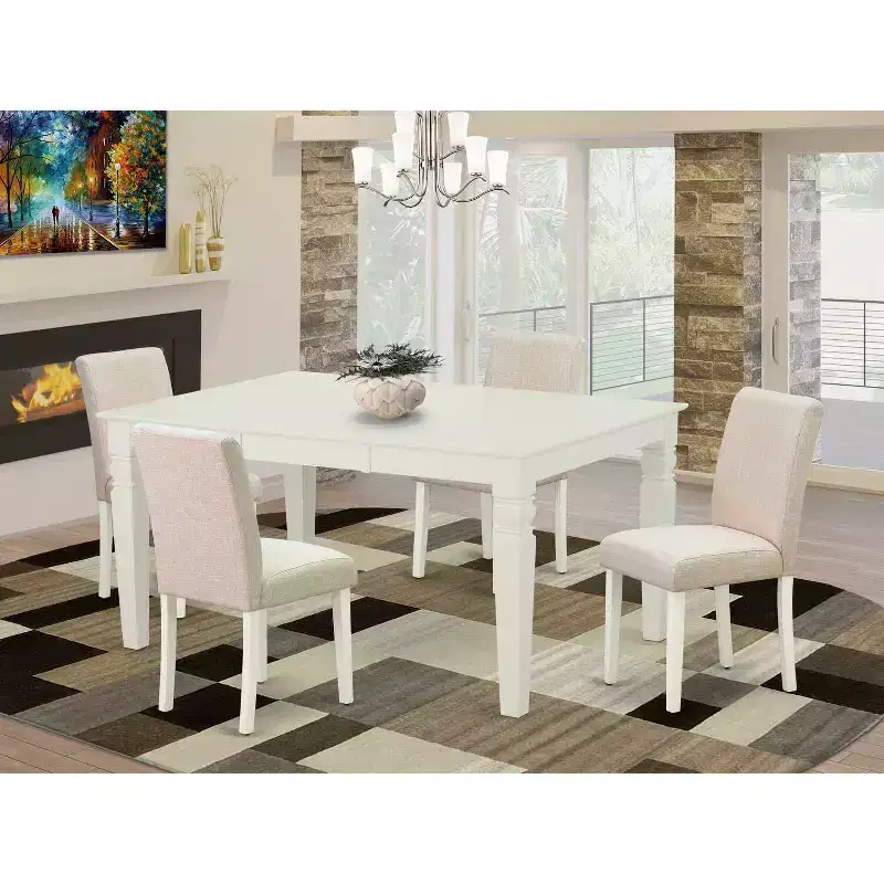 Rectangle Kitchen Dining Table Set - 5pc Table & 4 Chairs - Linen White Legs - Light Beige Fabric