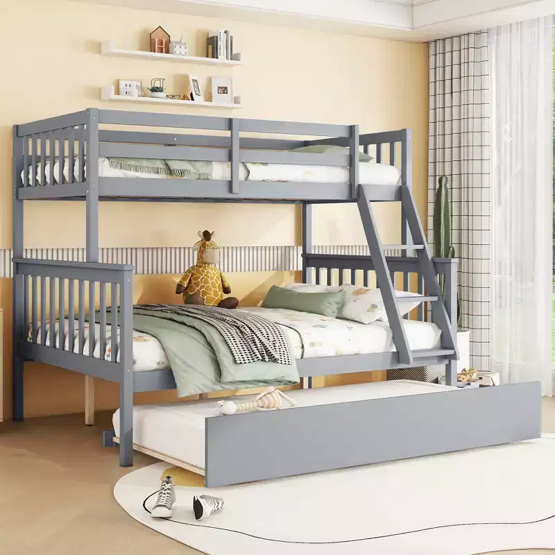 Gray Twin Over Full Bunk Bed with Trundle, Convertible & Detachable, for 1–3 Users