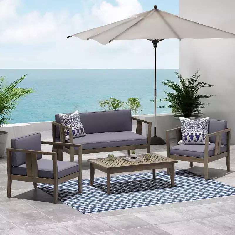 Christopher Knight Home Ted Outdoor 4 Piece Acacia Wood Chat Set with Cushions and Slatted Coffee Table
