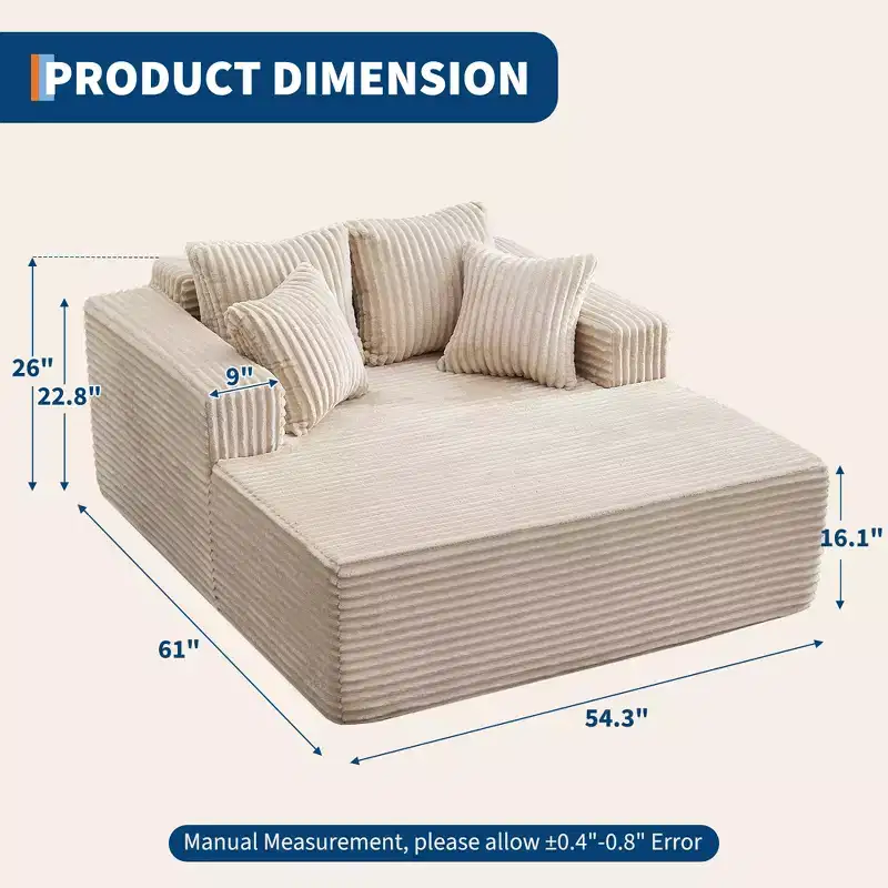 61 Oversized Chaise Lounge Chair Indoor, Corduroy Upholstered Boneless Sofa, 2Person Comfy Cloud Boneless Couch, 4 Pillows & Armrests