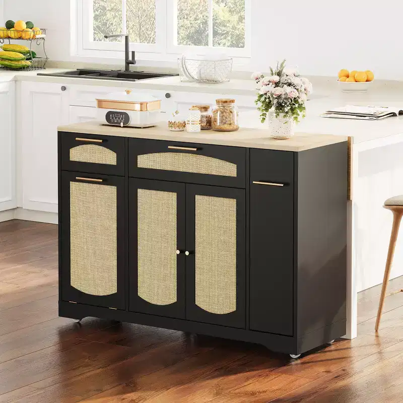53 Kitchen Island With Drop Leaf, Rolling Kitchen Island Table on Wheels, Tilt Out Trash Can Cabinet with Drawers, Spice Rack for Living Room