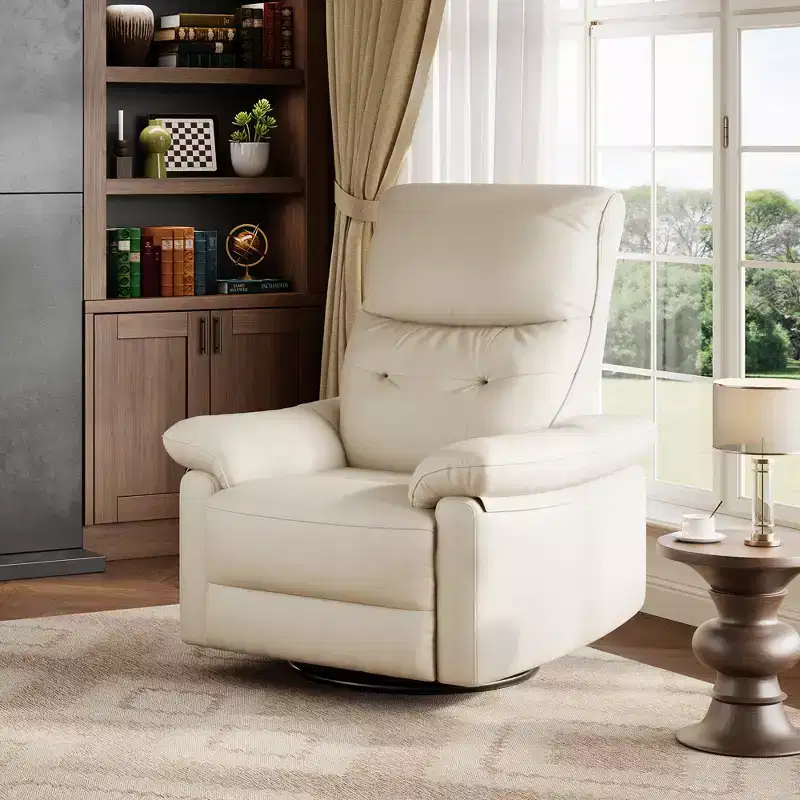Power Recliner Chair, 270 Swivel Rocking Glider PU Leather Upholstered Fabric and Button Tufted Backrest, Ergonomic Nursery Chair for Living Room
