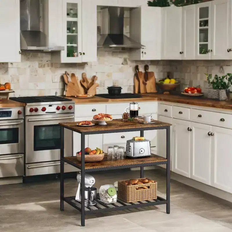 Industrial Style Kitchen Island with Large Worktop and 3-Tier Storage Shelves - Easy Assembly, Versatile Design