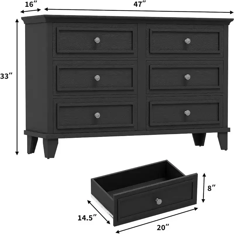 6 Drawer Dresser, Wooden Storage Chest of Drawers, Large Wide Dresser TV Stand, Modern Drawer Organizer for Bedroom, Living Room, Hallway, Entryway
