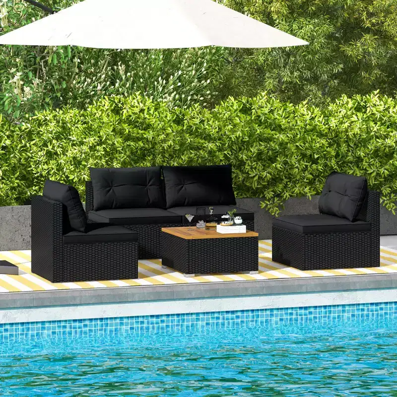 Costway 5 Piece Outdoor Furniture Set with Seat & Back Cushions Acacia Wood Tabletop Blue/Black