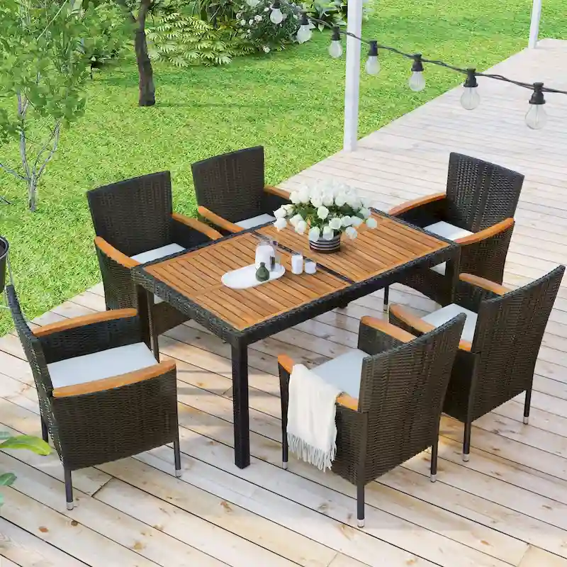 7-Pcs Outdoor Dining Set, Wicker Dining Table with Wooden Table Top, Patio Conversation Set with Soft Cushions