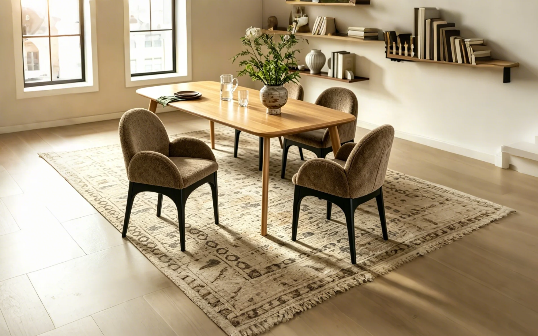 Boucle Fabric Dining Chair with Solid Ash Wood Frame
