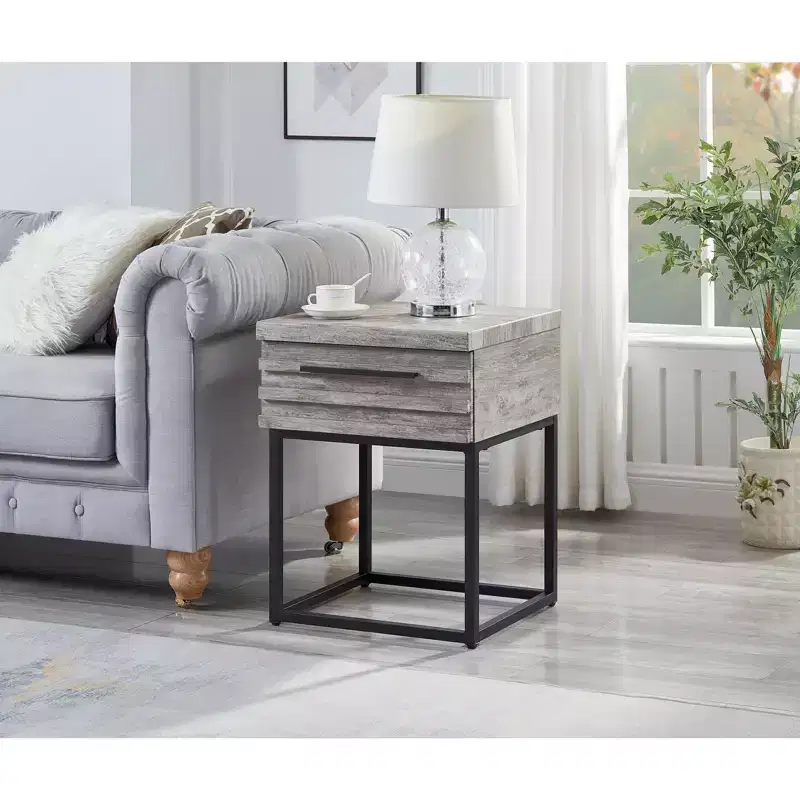 Rustic Side Table with Storage Drawer and Metal Legs, End Table with Thick Tabletop for Sofa Side, Living Room, Bedroom