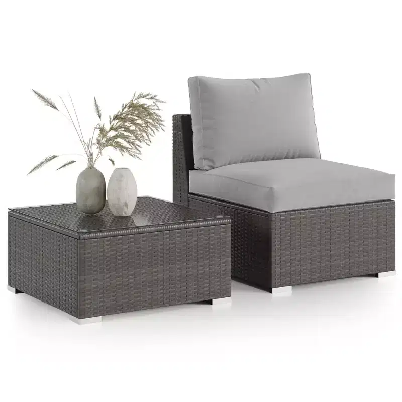 Heynemo 2 PCS Patio Wicker Furniture Sets, Outdoor Rattan Sectional Armless Sofa, Outdoor Conversation Set with Side Table and Cushion, Gray