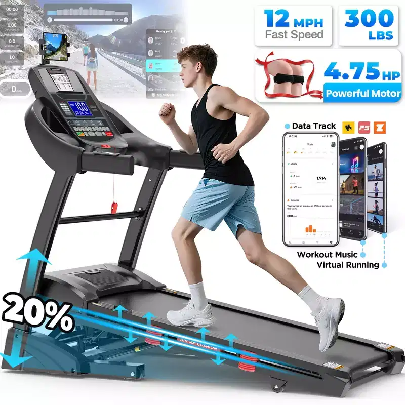 20% Auto Incline Treadmill 4.75HP,300LB Treadmill for Home,12MPH Foldable Running Walking Machine w/ APP,71 Programs for Varied Intensity Workouts