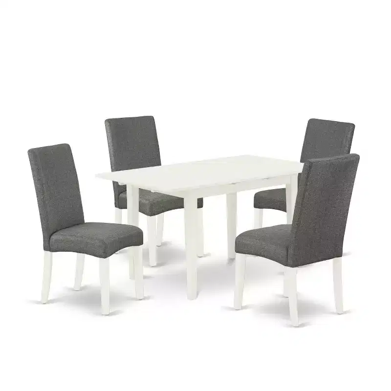 HomeStock 5-Pc Linen White Finish Solid Wood Top - Upholstered Dining Room Set with Butterfly Leaf - Seats 4