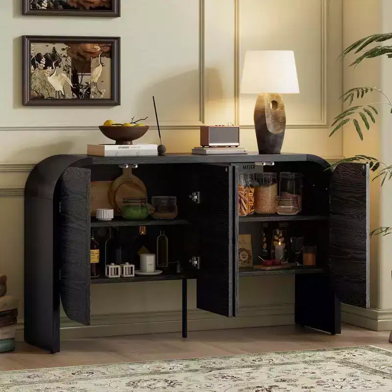 Wood Sideboard Cabinet with Curvy Edge, 4 Doors Retro Credenza Storage Cabinet with Adjustable Shelves for Living Room