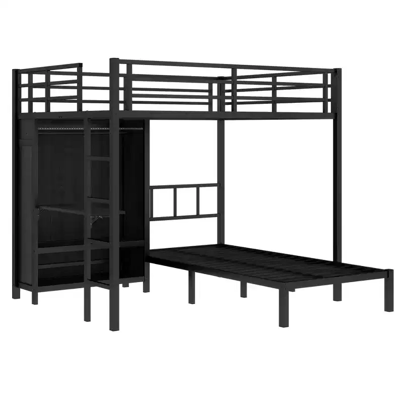 Bellemave Full XL Over Twin Metal Bunk Bed with Folding Desk, Closet with LED ,Space-Saving/Noise Reduced, Black