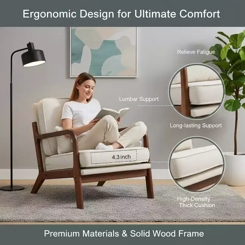 Summit Adventure Modern Lounge Chair with Arms Cream Solid Wood Frame & Waist Cushion Accent Seating for Living Room