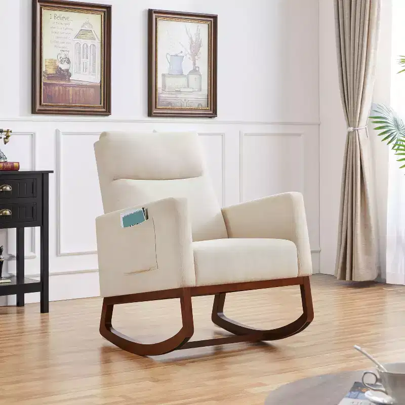 Upholstered Rocking Chair – Rubber Wood Legs, Side Pockets, 300 lb Capacity