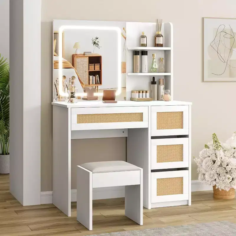 White Rattan Vanity Desk with Adjustable LED Mirror Light, 4 Drawers & 2 Open Shelves, Spacious Makeup Table for Bedroom