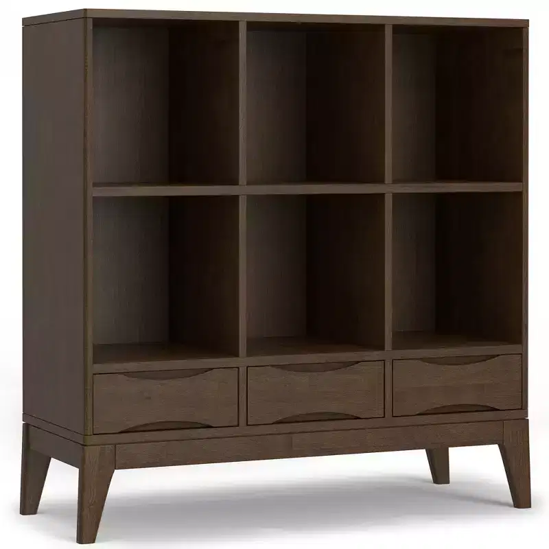 Pearson SOLID HARDWOOD 43 inch x 42 inch Mid Century Modern Low 6 Cube Storage with Drawers in Walnut Brown