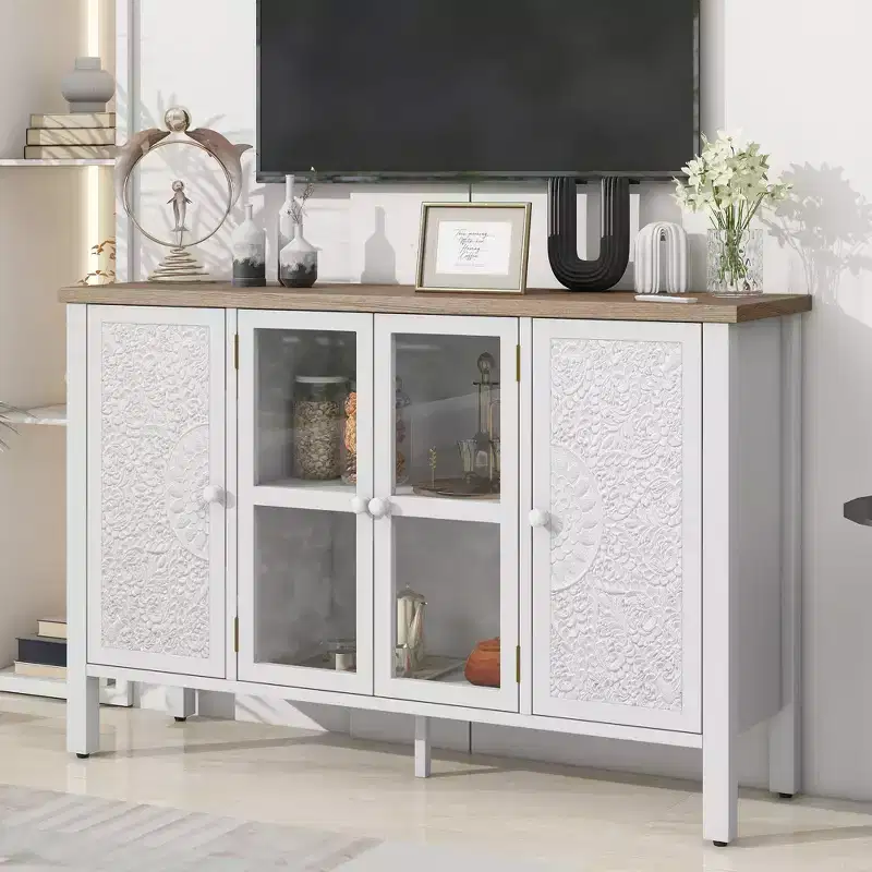 MAYEERTY TV Stand Entertainment Center Media Console Cabinet with 3 Spacious Glass Doors Anti Tip Device for Living Room