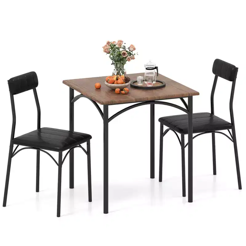 Costway 3 PCS Dining Table Set with Upholstered Seats Padded Backrests Metal Legs