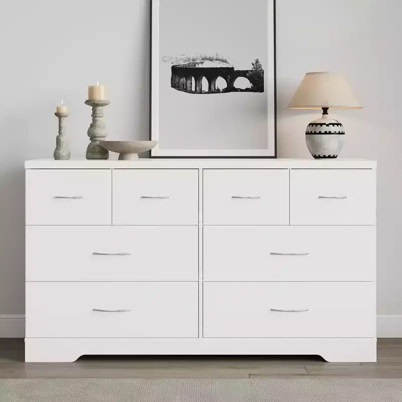 Large 8 Drawer Dresser for Bedroom, 55 Wide Modern Chest of Drawers, Dresser TV Stand with Metal Handle, Wood Drawer Organizer, White