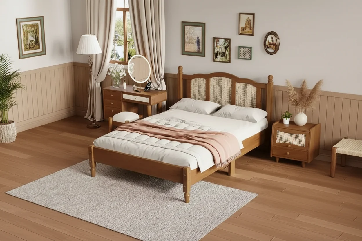 Full Size Wooden Platform Bed Frame, Vintage Bed Frame with Natural Rattan Headboard, Wooden Slat Support