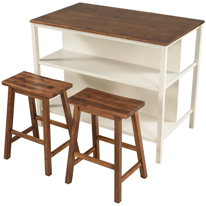 3-piece 45 Kitchen Island Set with 2 Seatings, Rubber Wood Butcher Block Dining Table Set Prep Table Set with 2 Open Shelves