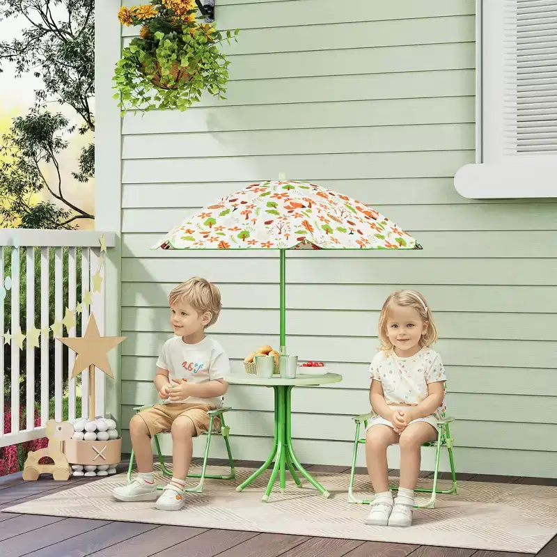 Kids Picnic Table and Chair Set, Outdoor Activity Table with Foldable Chairs, Removable Umbrella for Backyard