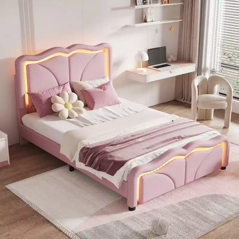 Twin/Full Size Upholstered Platform Bed with Curve Shaped and Height-adjustbale Headboard, LED Light Strips, PU, White/Pink-ModernLuxe