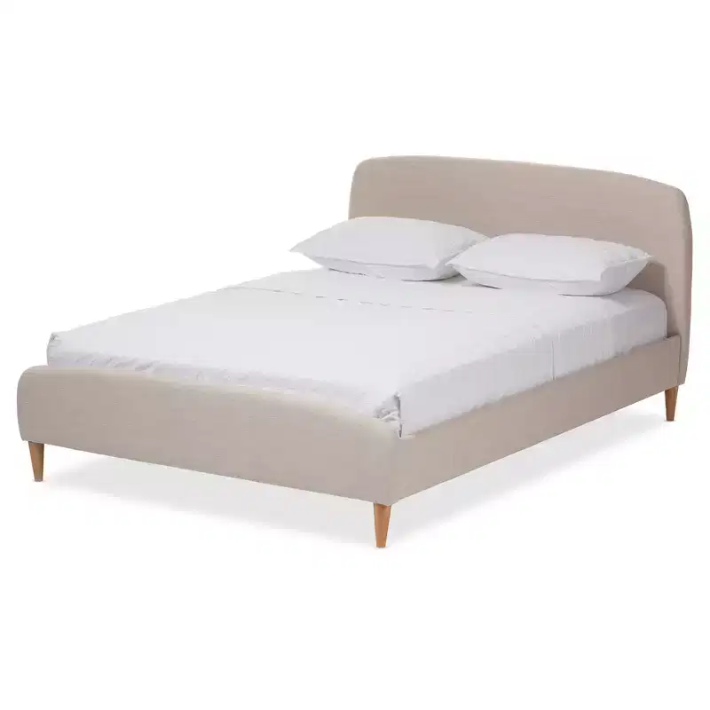 Full Mid Century Fabric Upholstered Platform Bed Light Beige: Rubberwood & MDF Construction, No Box Spring Needed