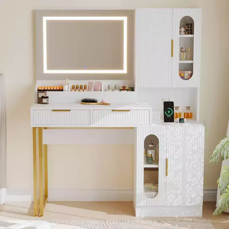 GustoWave Vanity Desk with Mirror, Fluted Modern Makeup Table, Drawers & Cabinets, 3-Color LED Lighting, Large Storage Capacity