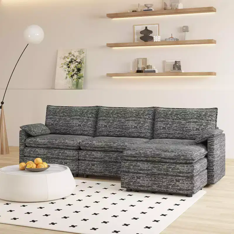 108 Modular Sectional Cloud Couch,Comfy Cloud Couch with Movable Ottoman,Modern Chenille L Shaped Modular Sofa Ottoman, Sectional Sofa for Apartment