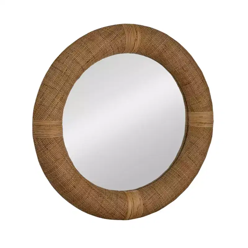 Storied Home Handwoven Rattan Cane Round Wall Mirror, Natural