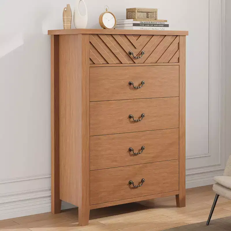 5 Drawer Dresser for Bedroom, Brown 5 Chest of Drawers Nightstand with Elegant V Shape Design, Wooden Dresser Organizer for Living Room, Entryway