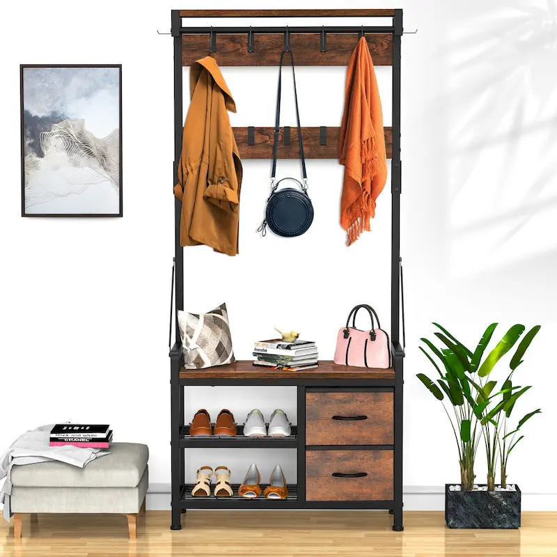 Hall Tree with Bench, Can Divided into freestanding Shoe Bench and Wall Rack