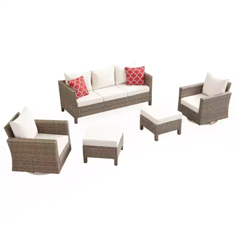 5 Piece Conversation Patio Furniture Set With Swivel Chairs and Cushions