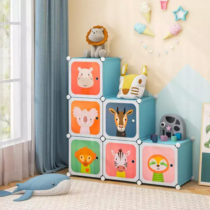 8-Cube Kids Wardrobe with Hanging Section & Animal Pattern Doors, Blue/Pink/White