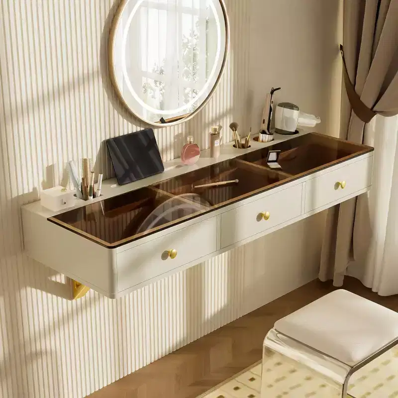 Multi-Purpose Wall-Mounted Vanity Desk with Drawer, Makeup Vanity with Glass Tabletop, Compact Vanity for Bedroom, Hairdressers