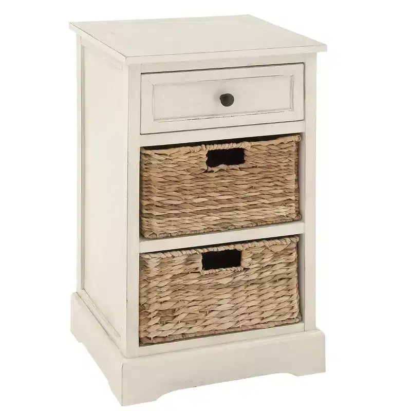 Farmhouse Wood and Wicker Basket Side Table White - Olivia & May: Storage Unit with 3 Drawers