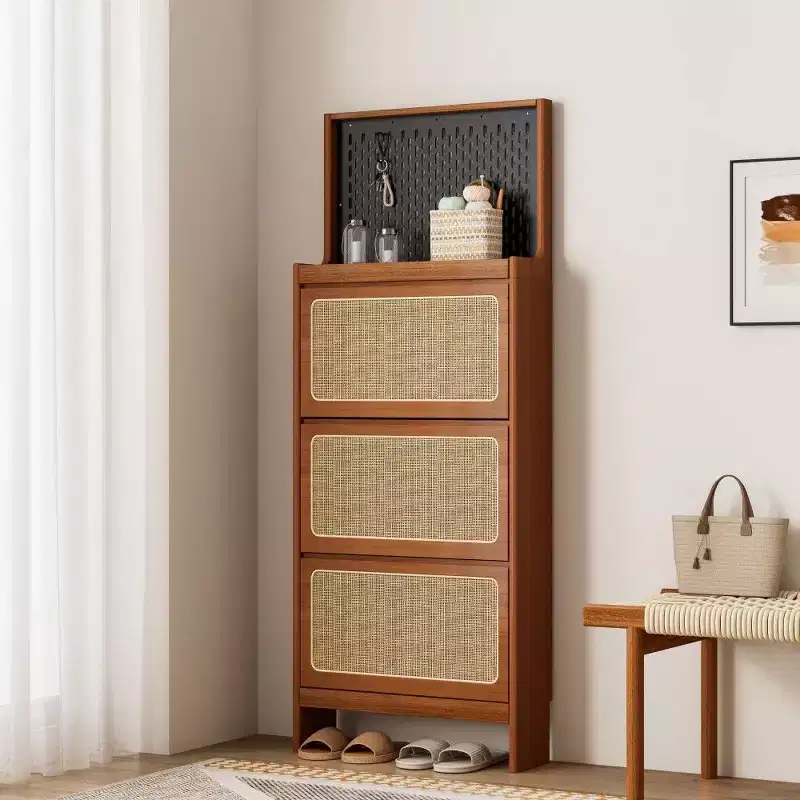 Walnut Rattan Shoe Cabinet with 3 Flip Drawers & Pegboard, 65 Tall Narrow Entryway Storage with Anti-Tip Design
