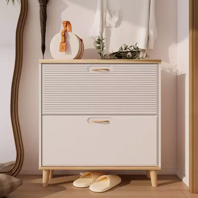 Shoes Storage Cabinet, Shoe Rack with 2 Flip Drawers and Natural Wood Legs, Slim Entryway Storage Organizer for Hallway, Entryway