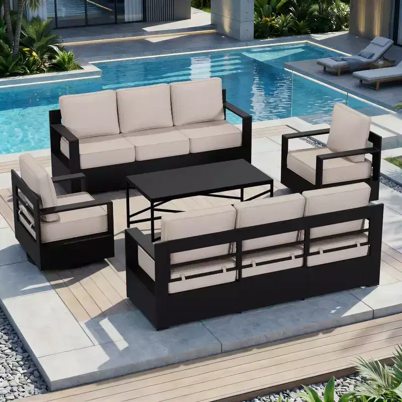 UPTIOT Outdoor Patio Sofa Set with Rocking Chairs and Coffee Table for All-Season Relaxation
