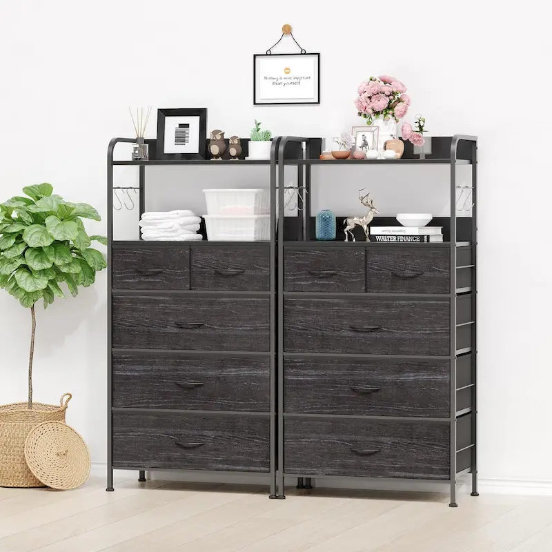 Pink / Brown / Grey / Black 5-Drawer Fabric Dresser with Double Display Shelf and Metal Frame for 1 Person